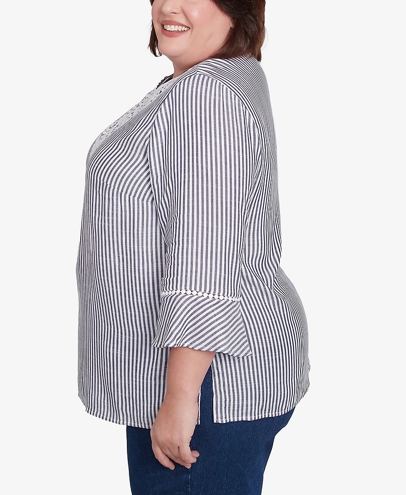 Alfred Dunner Plus Classic Embroidered Split Neck Striped Top
