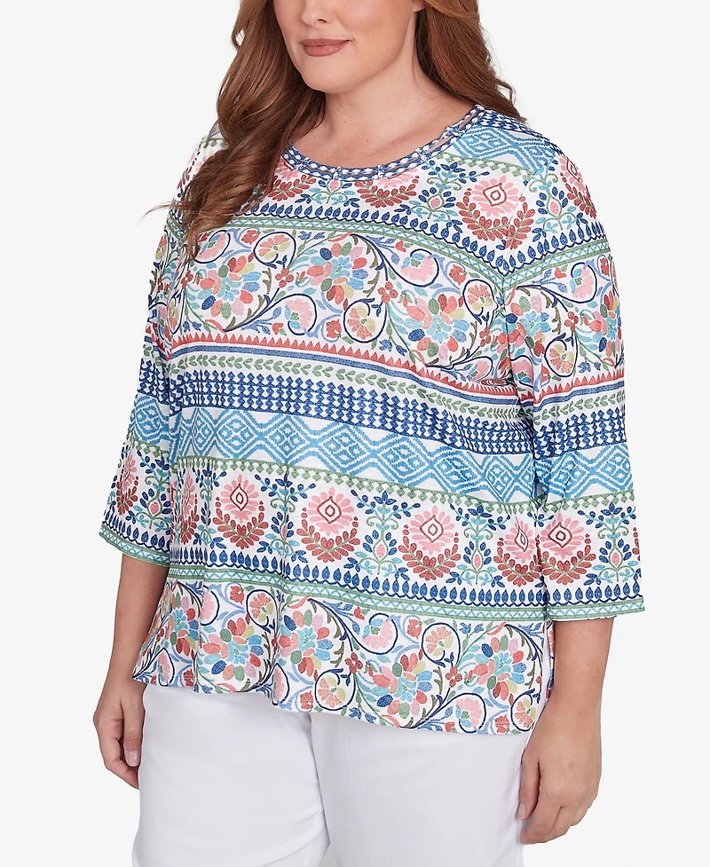 Alfred Dunner Plus Size Classic Knit Scroll Geometric Crew Neck Top
