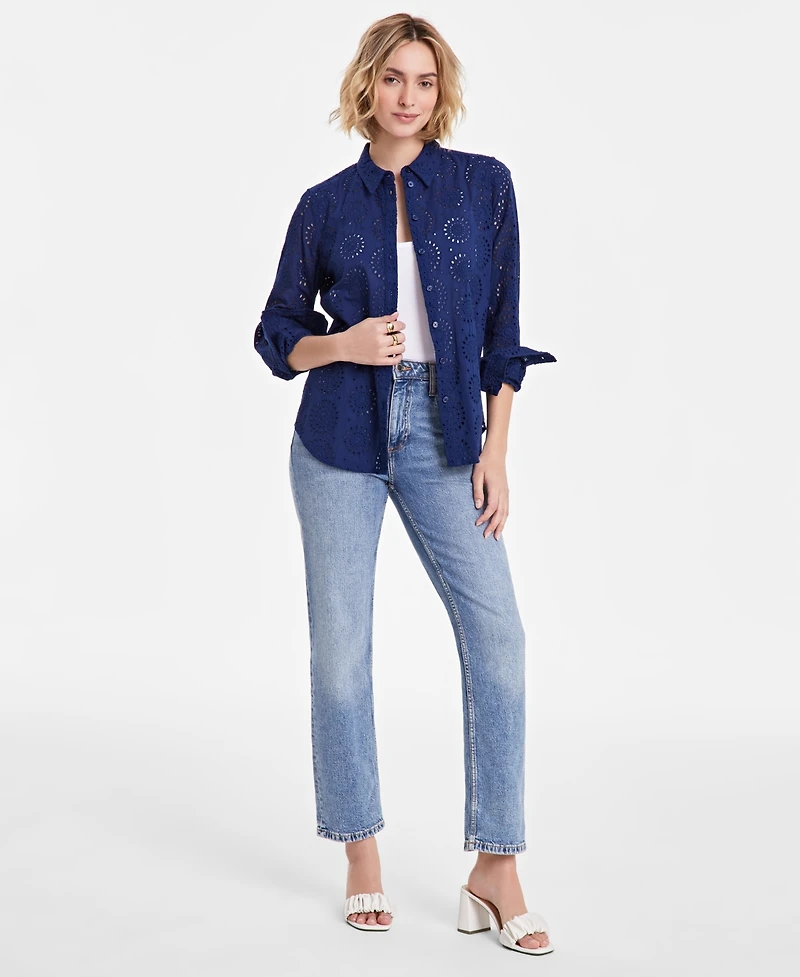 Women's Solid Eyelet Button-Up Shirt