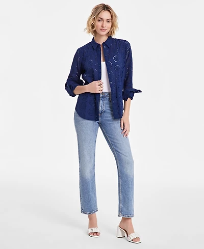 Women's Solid Eyelet Button-Up Shirt