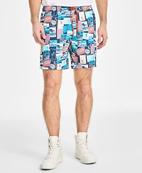 Original Penguin Men's Slim-Fit Stretch Tropical-Print 7" Swim Trunks