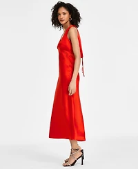 Emerald Sundae Juniors' V-Neck A-Line Satin Midi Dress