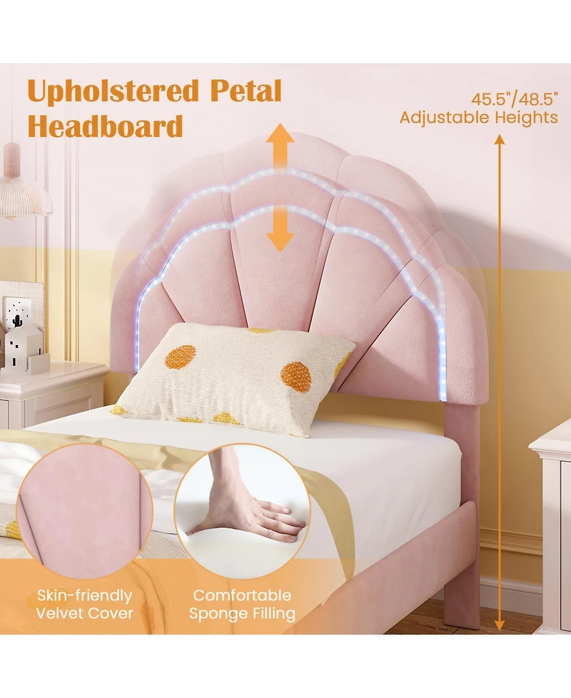Twin Size Upholstered Led Bed Frame with Adjustable Flower Headboard and Metal Support Legs
