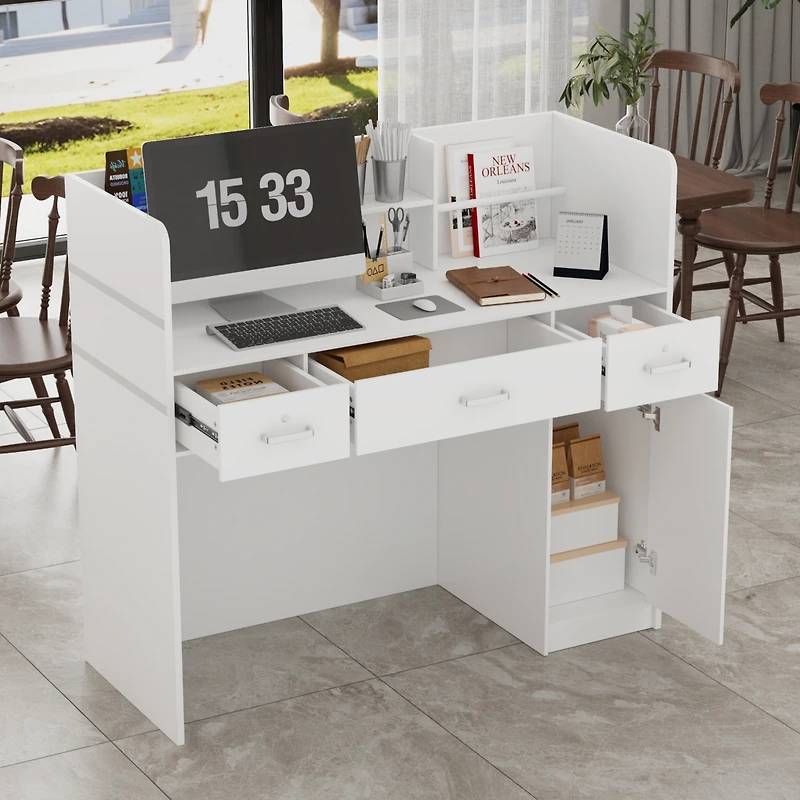 Computer Desk with Drawers, White Office Desk with Storage Cabinet, Study Writing Table for Home Office, Bedroom