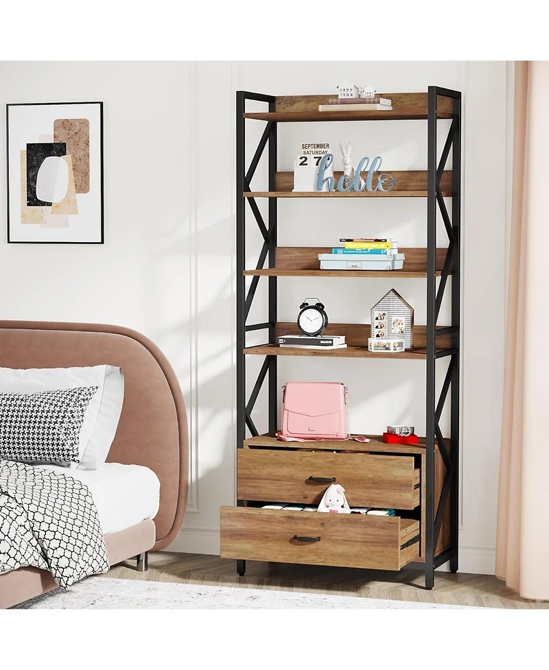 Tribesigns Bookshelf with Drawers, 70.8" Industrial Bookcase with 2 Drawers, 5 Shelf Open Shelf for Storage, Wood Book Shelf for Living Room, Bedroom