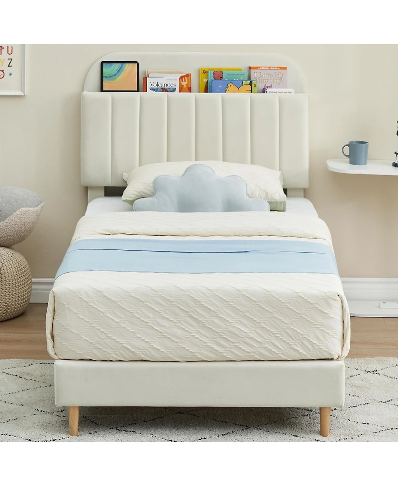 gaomon Twin Bed Frames, Upholstered Platform Bed Frame with Bookcase Headboard, Velvet Platform Bed Mattress Foundation