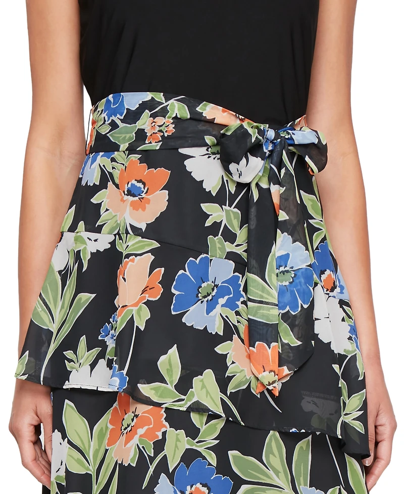 Sl Fashions Women's Mixed-Media Belted Tiered Dress