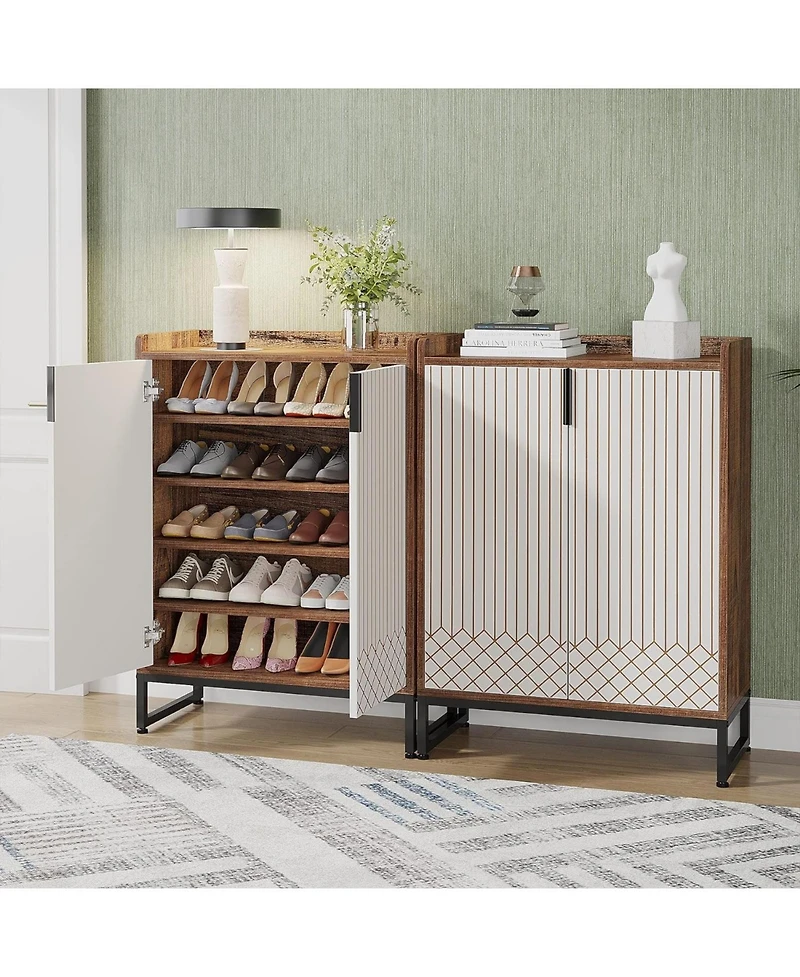 Tribesigns White 25 Pair Shoe Cabinets with Doors, 5-Tier Modern Storage Organizer Cabinet, Freestanding Wood Cabinet Metal Frame for B