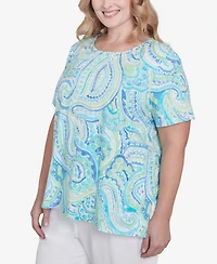 Alfred Dunner Plus Pleated Crew Neck Paisley Top