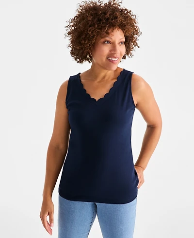 Style & Co Women's Cotton Scalloped V-Neck Sleeveless Top, Exclusively at Macy's