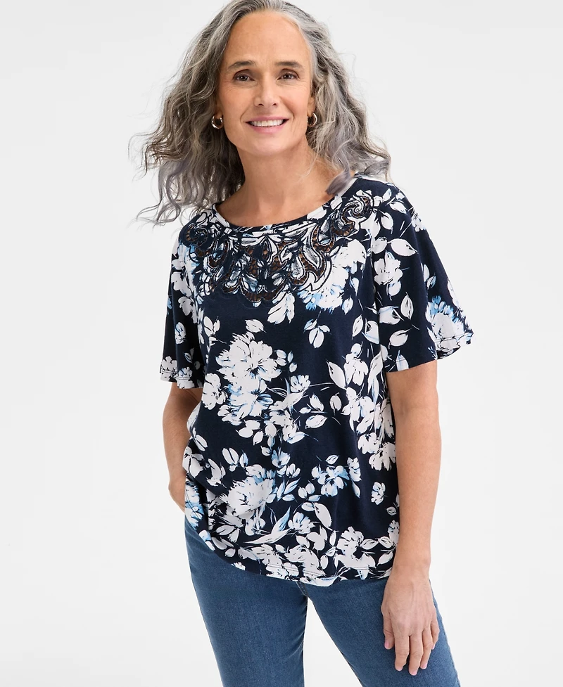 Style & Co Women's Printed Short-Sleeve Embroidered Top, Exclusively at Macy's