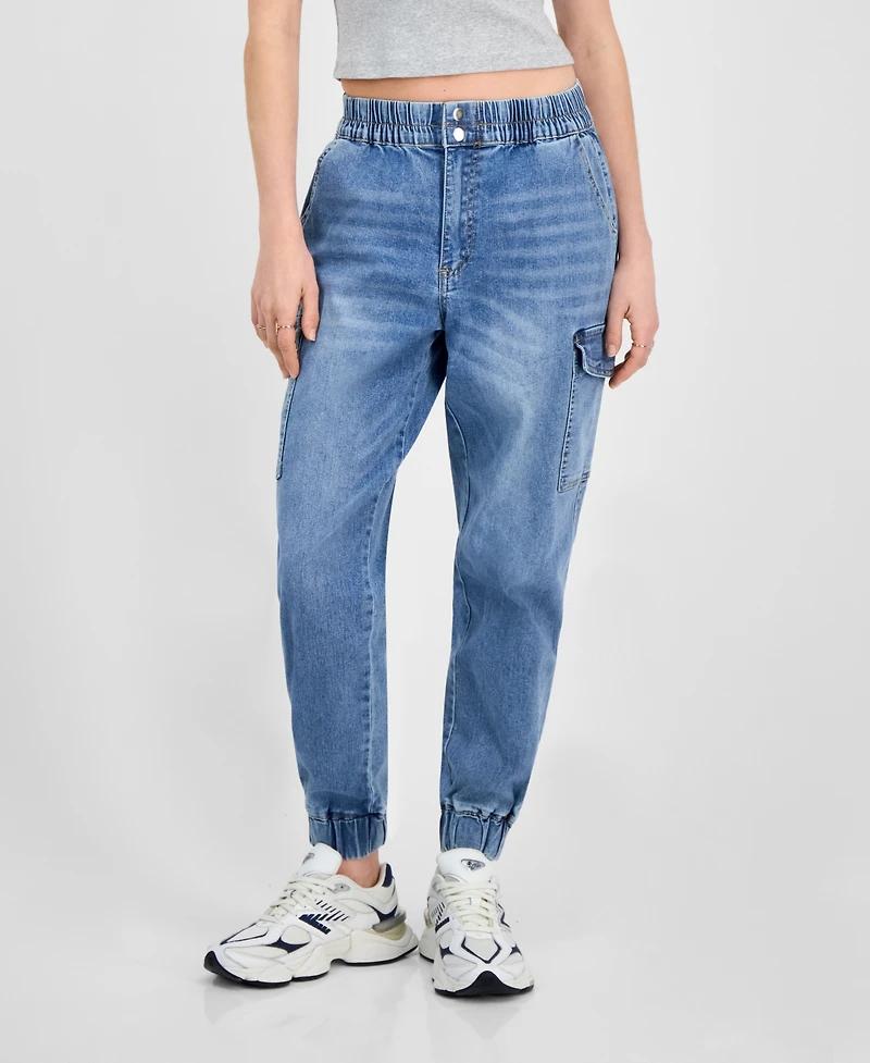 Madden Girl Juniors' Mid Rise Two Button Fly Cargo Jogger Jeans