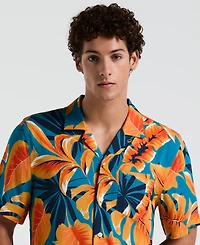 Original Penguin Men's Slim-Fit Tropical Leaf-Print Button-Down Camp Shirt