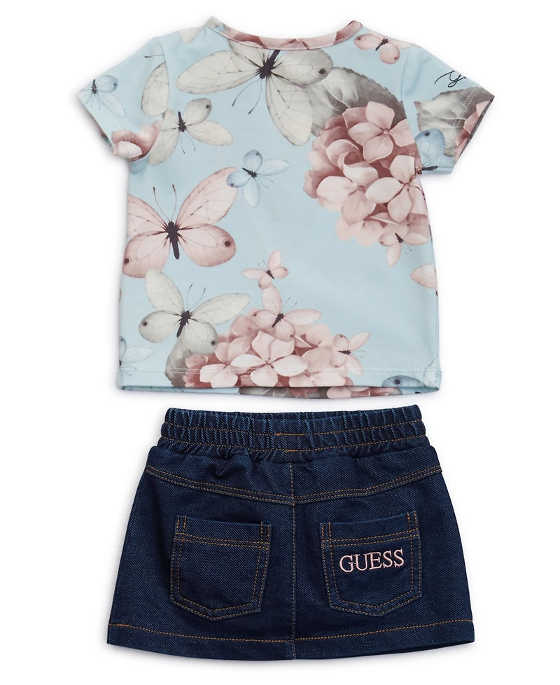 Guess Baby Girl 2-Piece Stretch Jersey Printed T-Shirt and Knit Denim Skirt