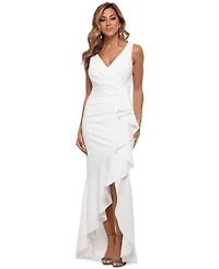 Betsy & Adam Petite Ruffled High-Low Mermaid Gown
