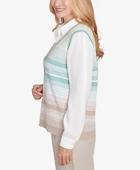 Alfred Dunner Petite Kensington Gardens Striped Vest Collared Two One Sweater with Necklace