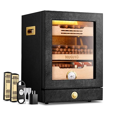 21L Cigar Humidor, Cigar Humidor Cabinet for 150 Cigars with Spanish Cedar Lining 2 Shelves 1 Drawer, Hygrometer,Sealed Magnetic Door