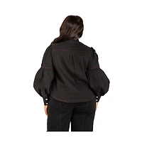 Buxom Couture Women's Plus Bow Neck Puff Sleeve Denim Blouse