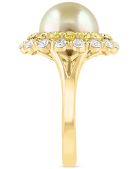 Effy Cultured South Sea Pearl (10mm), Yellow Diamond (1-1/3 ct. t.w.) & White Diamond (5/8 ct. t.w.) Halo Ring in 14k Gold