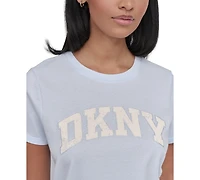 Dkny Women's Active Rhinestone-Logo Distressed Crewneck Cotton T-Shirt