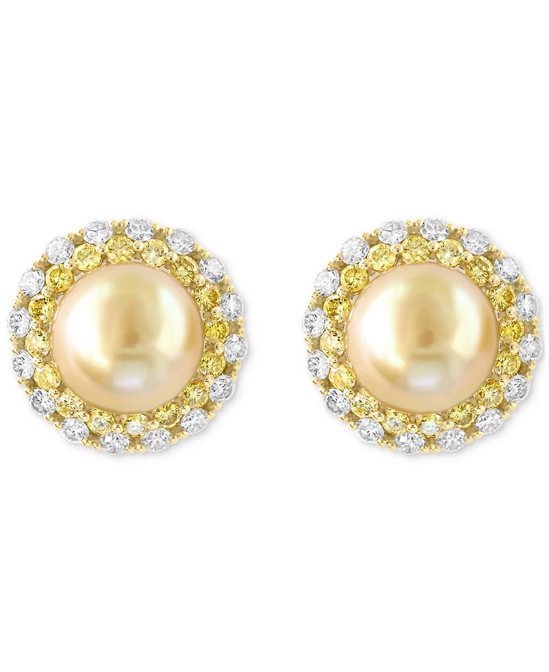 Effy Cultured South Sea Pearl (9mm), Yellow Diamond (2-1/20 ct. t.w.) & White Diamond (1-1/8 ct. t.w.) Halo Stud Earrings in 14k Gold
