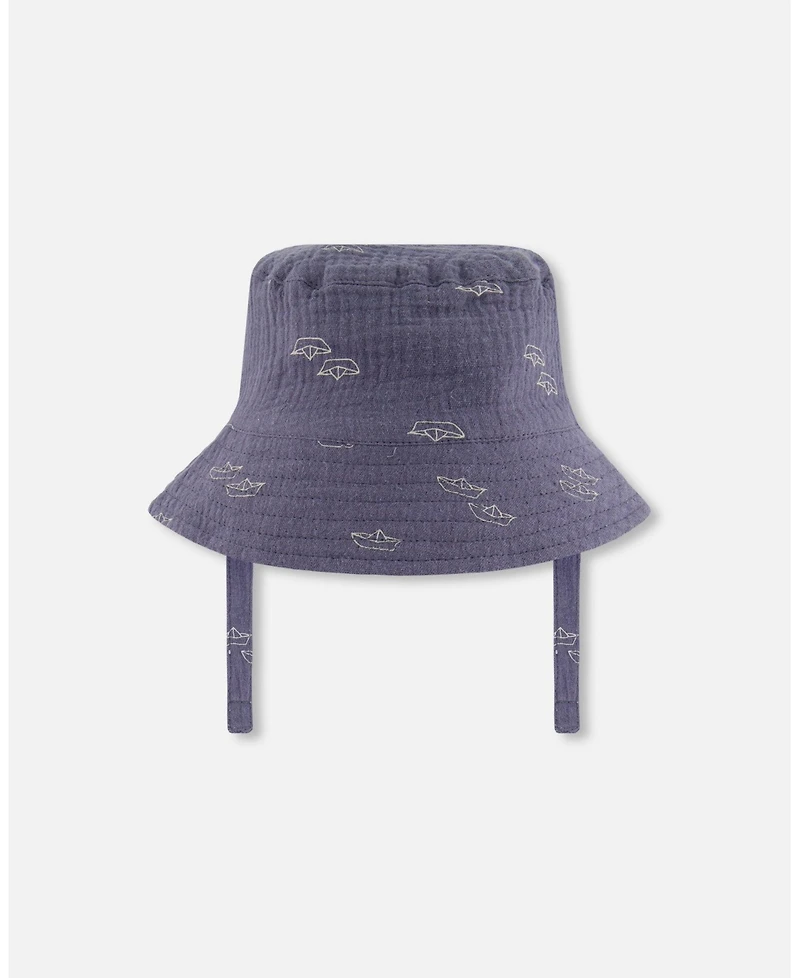 Deux par Baby Boys Printed Muslin Bucket Hat Navy Blue Paper Boats