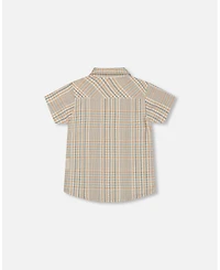 Deux par Toddler Boys Short Sleeve Button Down Shirt Beige And Sage Plaid - Toddler|Child
