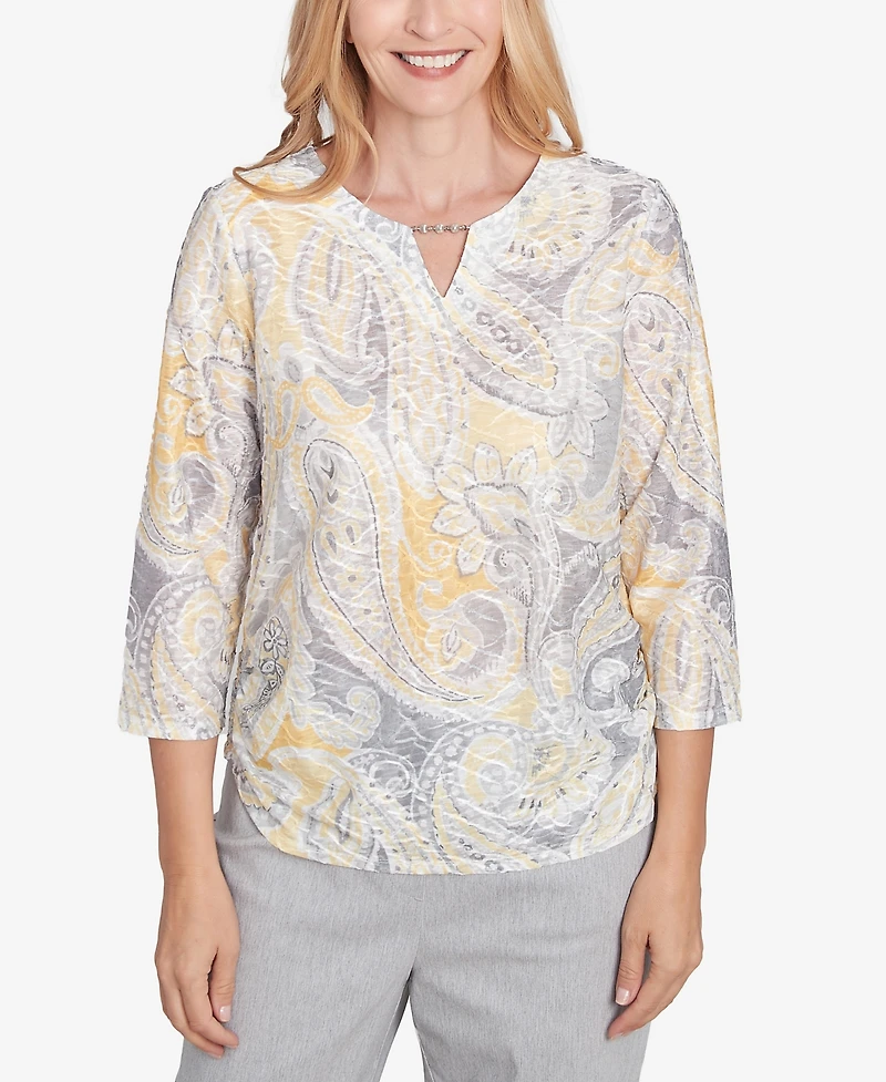 Alfred Dunner Petite Dress Code Textured Paisley Beaded Neck Top