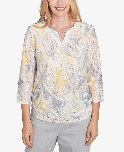 Alfred Dunner Petite Dress Code Textured Paisley Beaded Neck Top