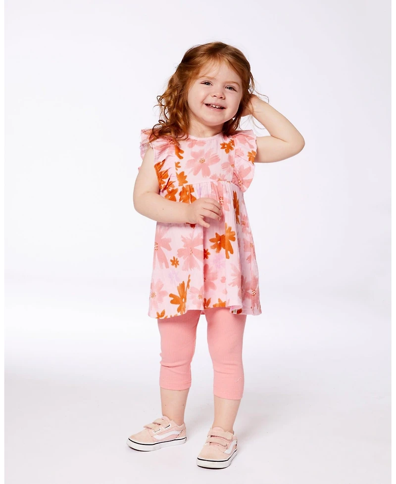 Deux par Deux Toddler Girls Printed Tunic And Solid Leggings Set Pink And Coral Flowers - Toddler|Child