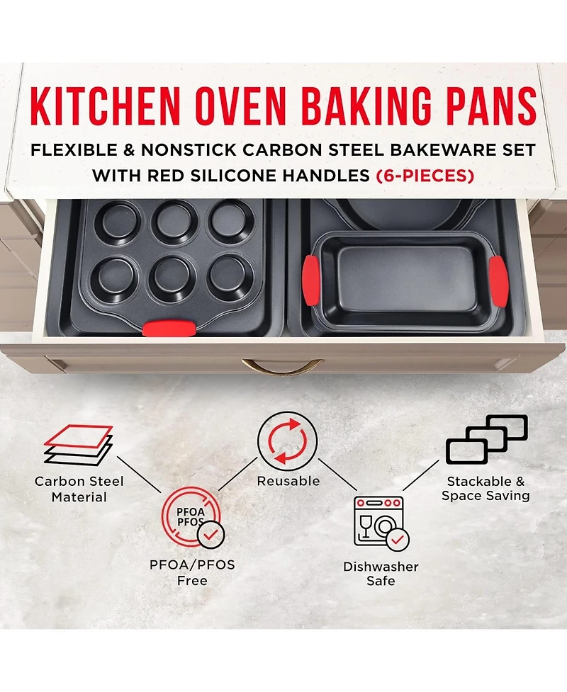 Baking Set – 6 Piece Kitchen Oven Bakeware Set – Deluxe Non-Stick Black Coating Inside and Outside – Carbon Steel – Red Si
