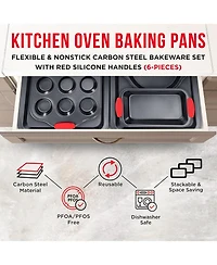 Baking Set – 6 Piece Kitchen Oven Bakeware Set – Deluxe Non-Stick Black Coating Inside and Outside – Carbon Steel – Red Si
