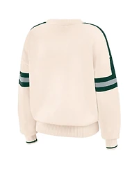 Wear by Erin Andrews Women's Cream Michigan State Spartans Chenille Woven Patch Stripe Pullover Sweater