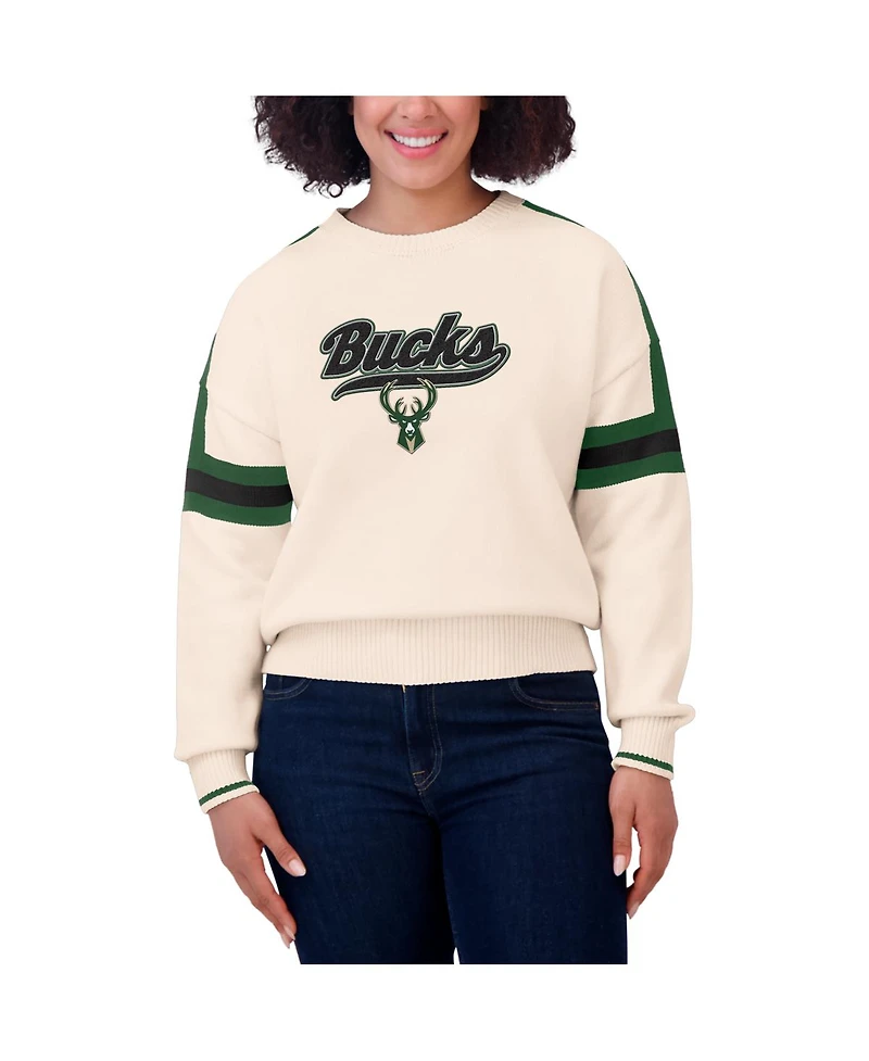 Wear by Erin Andrews Women's Cream Milwaukee Bucks Stripe Pullover Sweater