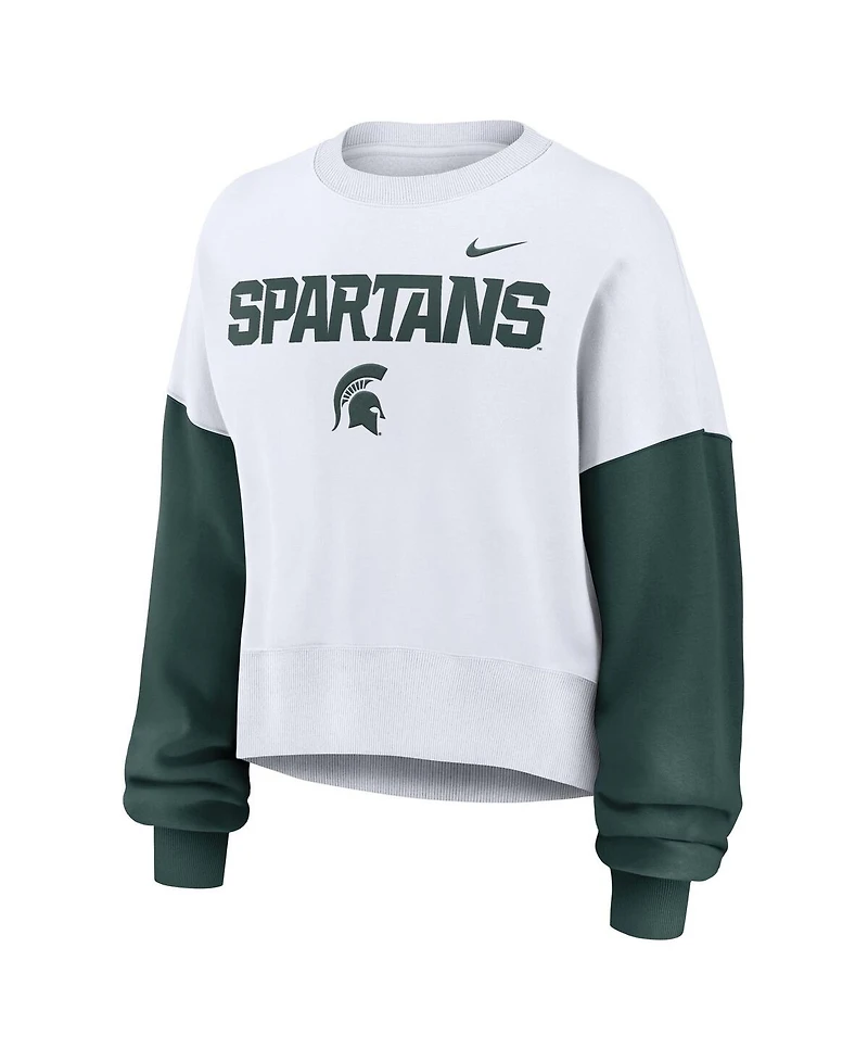 Nike Women's White Michigan State Spartans Color-Block Oversized Cropped Pullover Sweatshirt