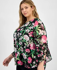 Kasper Plus Size Floral-Print Ruffle-Sleeve Blouse