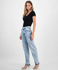Guess Women's Flower-Trim High Rise Tapered-Leg Mom Jeans