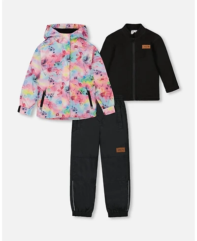 Deux par Deux Big Girls 3-In-1 Mid-Season Outerwear Set With Printed Jacket Black And Multicolored Flowers