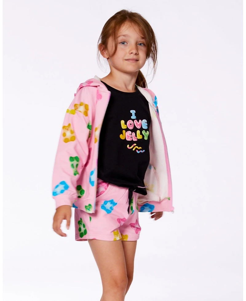Deux par Deux Big Girls Printed French Terry Hoodie Cardigan Pink Multicolored Gummies