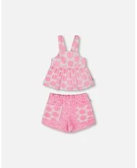 Deux par Deux Big Girls Printed Terry Tank Top And Shorts Set Vibrant Pink And White