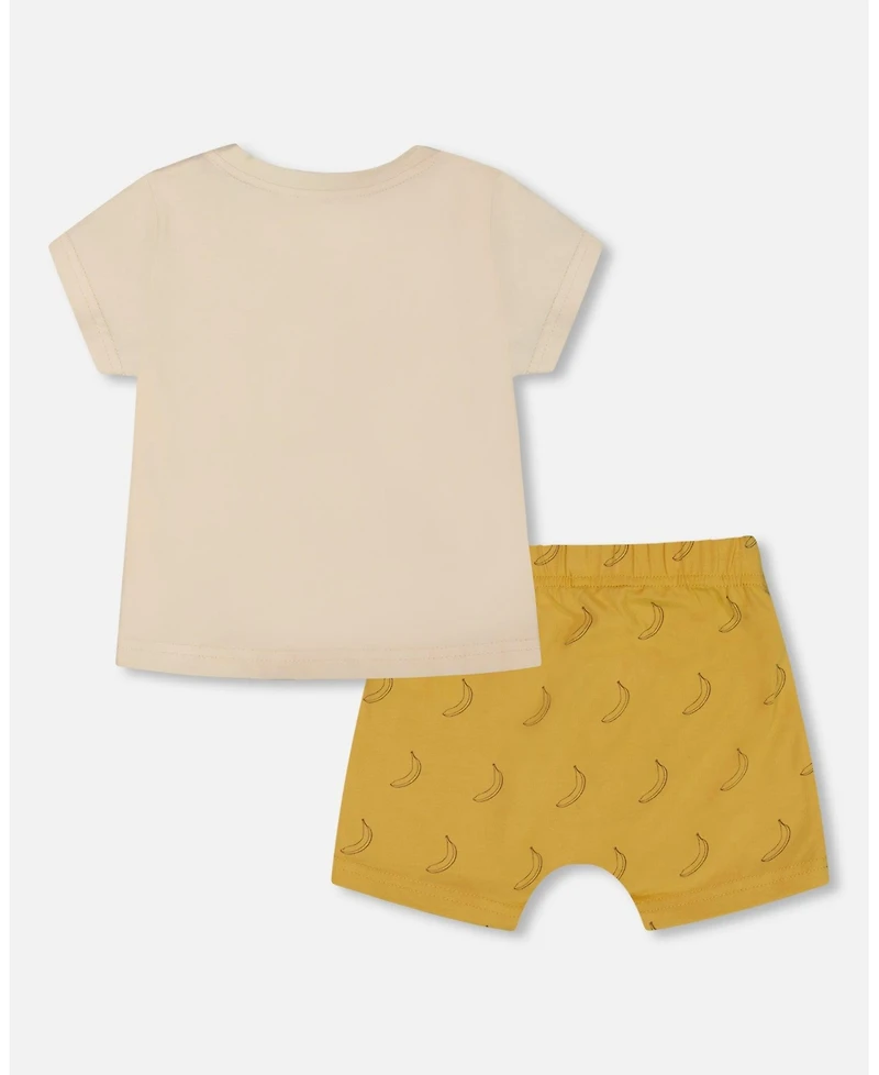 Deux par Deux Baby Boys Printed Organic Cotton Top And Short Set Yellow Bananas And Off-White
