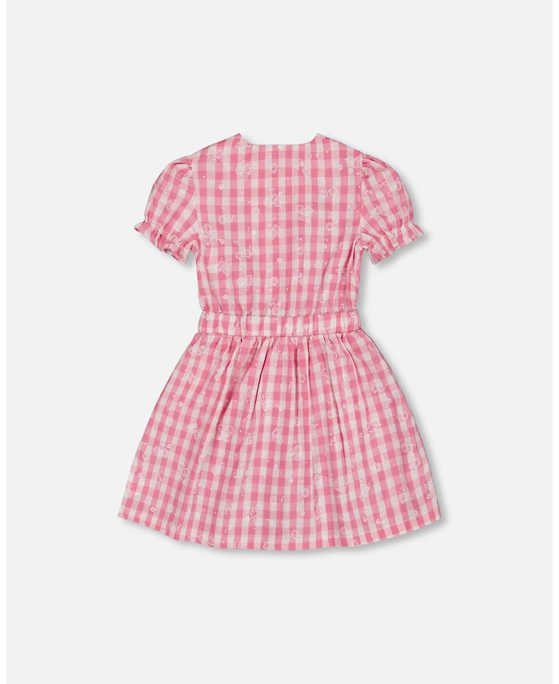 Deux par Deux Toddler Girls Puff Sleeve Dress With Waist Tie Pink And White Checks - Toddler|Child