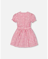 Deux par Deux Toddler Girls Puff Sleeve Dress With Waist Tie Pink And White Checks - Toddler|Child