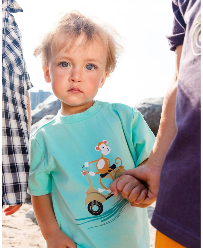 Deux par Deux Baby Boys Two-Piece Top And Short Set Monkey On Navy And Turquoise Moped