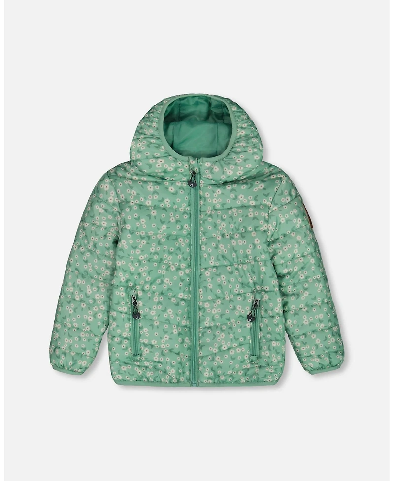 Deux par Deux Toddler Girls Printed Quilted Mid-Season Jacket Small White Flowers On Sage Green Background - Toddler|Child