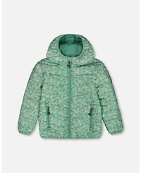 Deux par Deux Toddler Girls Printed Quilted Mid-Season Jacket Small White Flowers On Sage Green Background - Toddler|Child