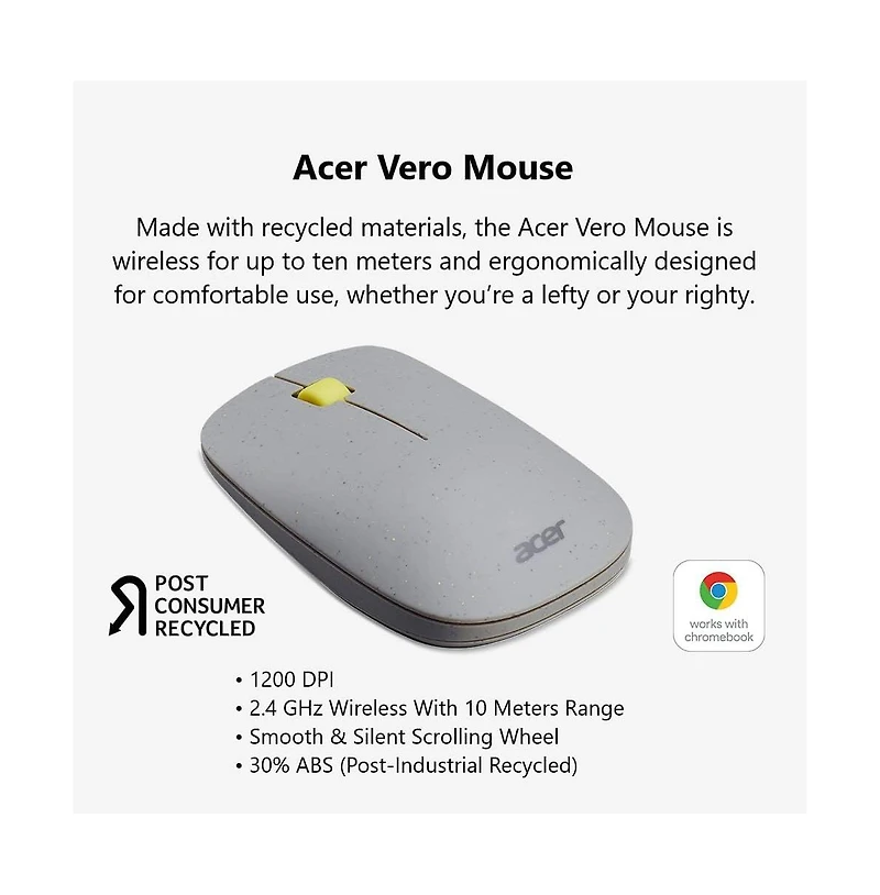 acer Vero 3 Button Mouse | 2.4GHz Wireless | 1200DPI | Made with Post-Consumer Recycled (Pcr) Material | Certified Works with Chromebook | Gray