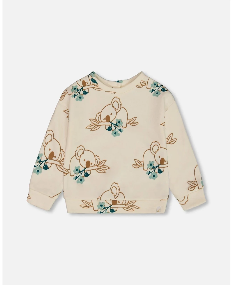 Deux par Deux Toddler Girls Printed French Terry Sweatshirt Off-White And Koala - Toddler|Child