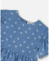 Deux par Deux Toddler Girls Printed Chambray Dress Blue And White Cherries - Toddler|Child