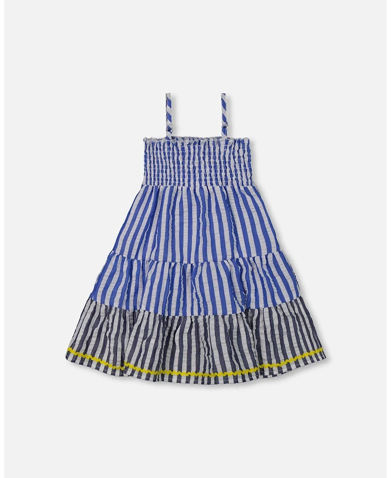 Deux par Deux Big Girls Smocked Seersucker Peasant Dress Blue And White Striped